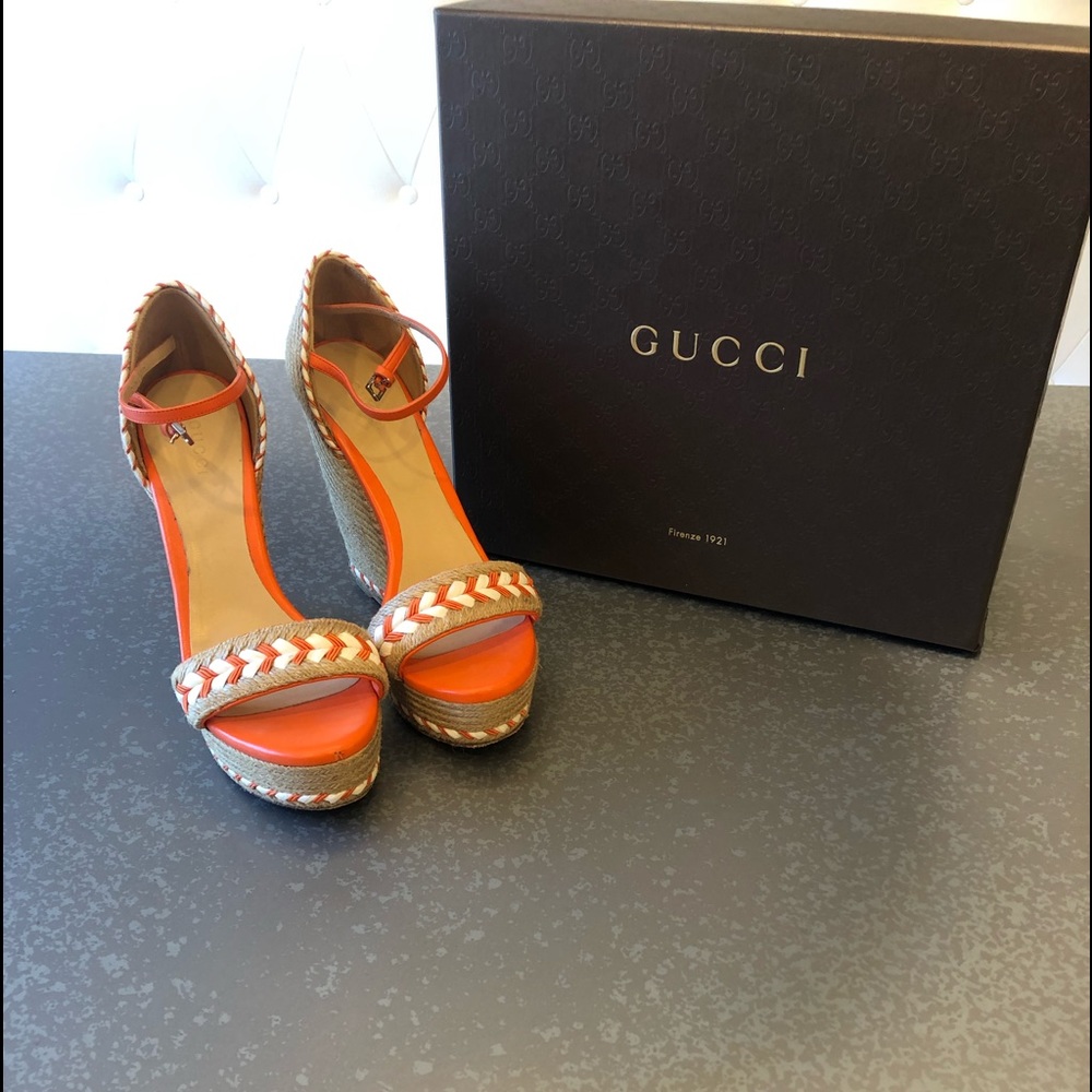 GUCCI: orange Tiffany Espadrille Wedge Platform
